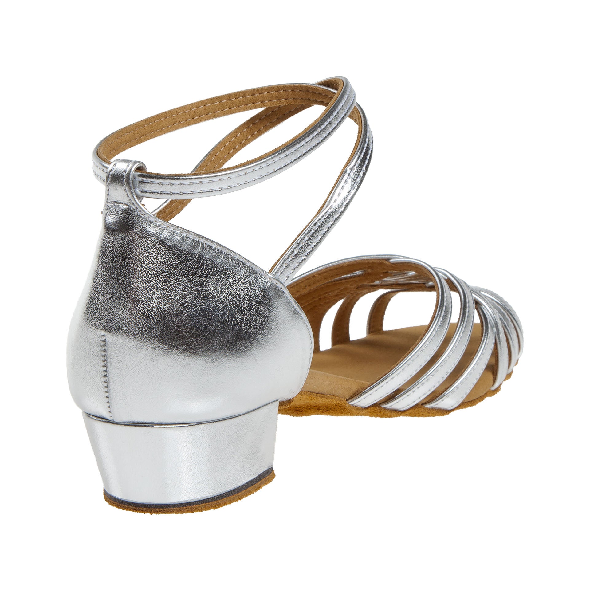 008 Diamant Tanzschuhe in Silber haben niedrige Absätze und Knöchelriemen, wunderschön von hinten betrachtet.